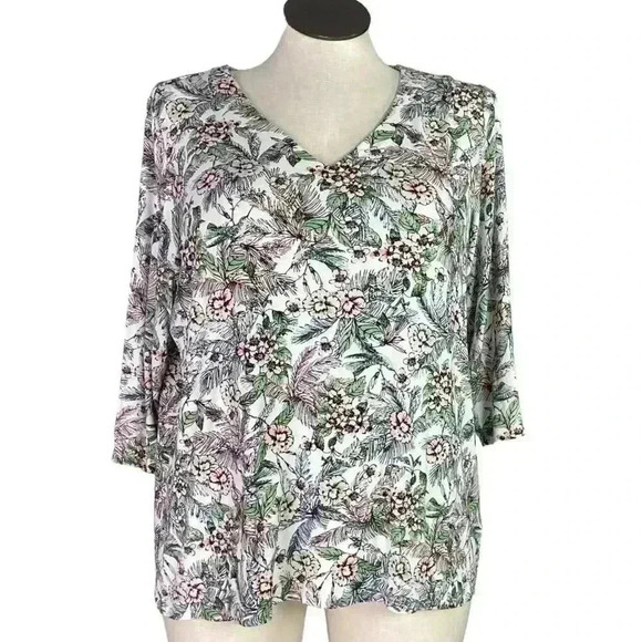 J Jill Top Shirt Womens XL White Multi Floral Stretch Wearever Collection Tunic - Picture 1 of 5